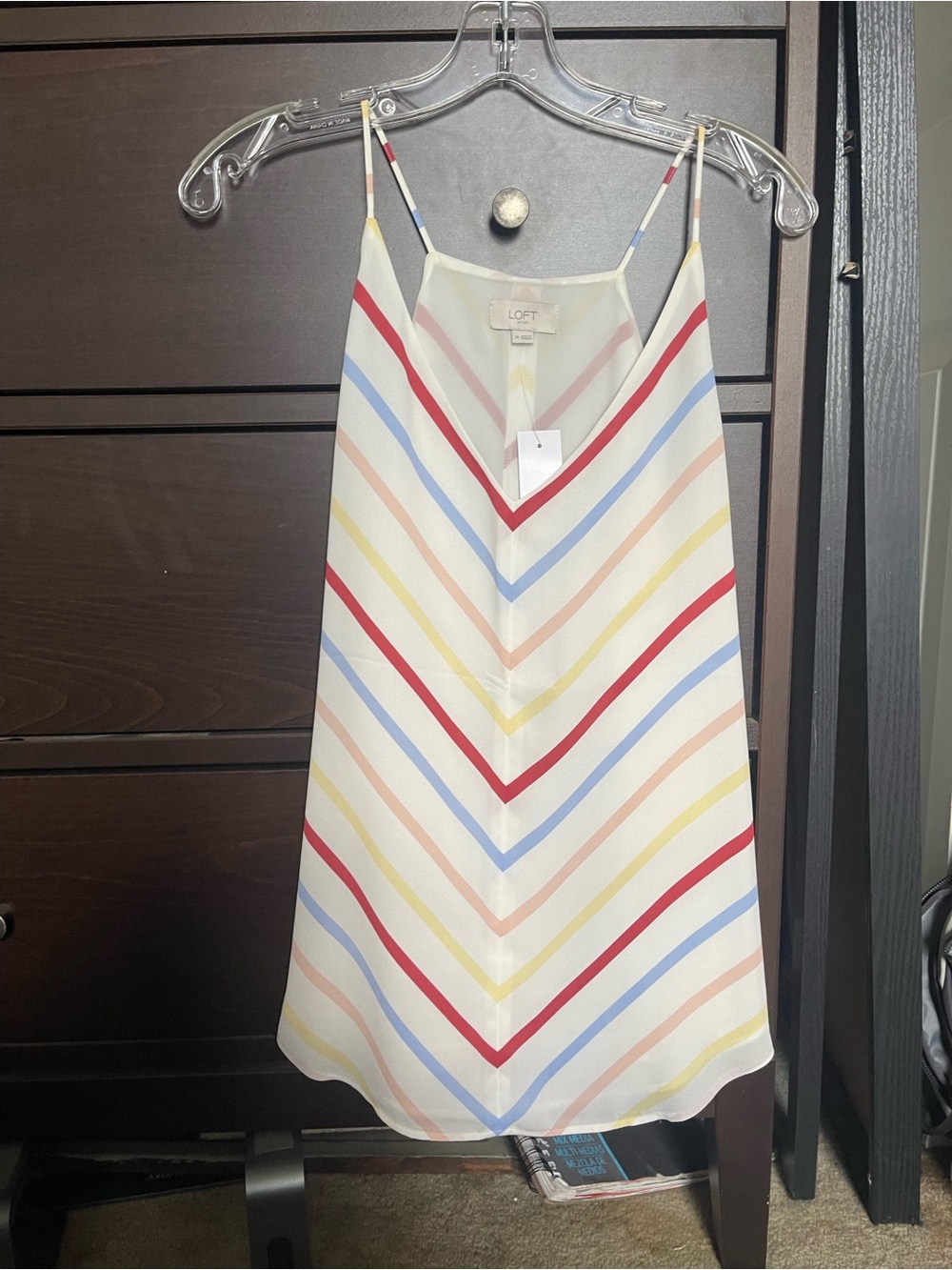 LOFT Cream Slip Dress with Red, Blue, Yellow Chevron Stripes